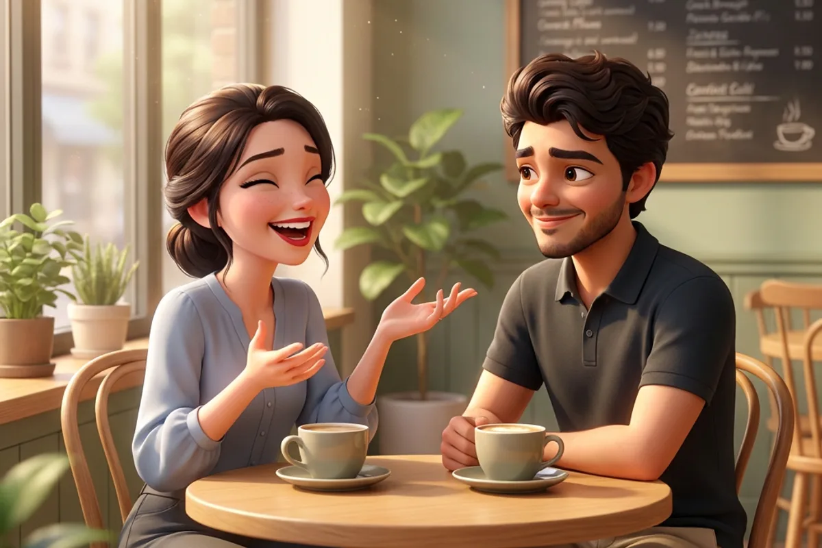 Caroline e Julio rindo juntos numa mesa de café, no primeiro encontro